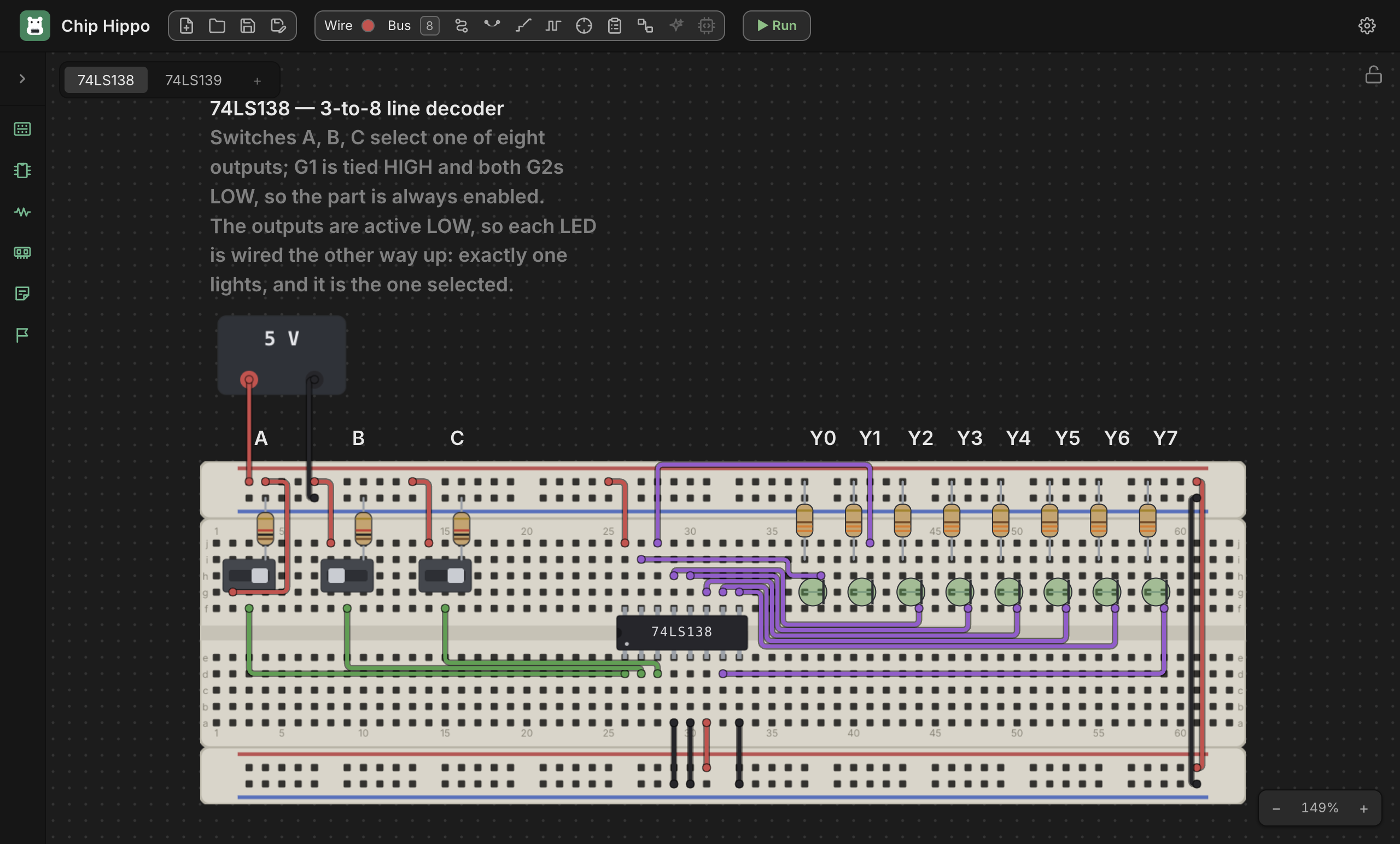 The 74LS138 decoder bench after Auto-route: the switch, output and LED wires run in tidy right-angled lanes beside the chip instead of curving across it