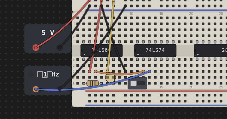 A PSU and clock brick wired to a breadboard