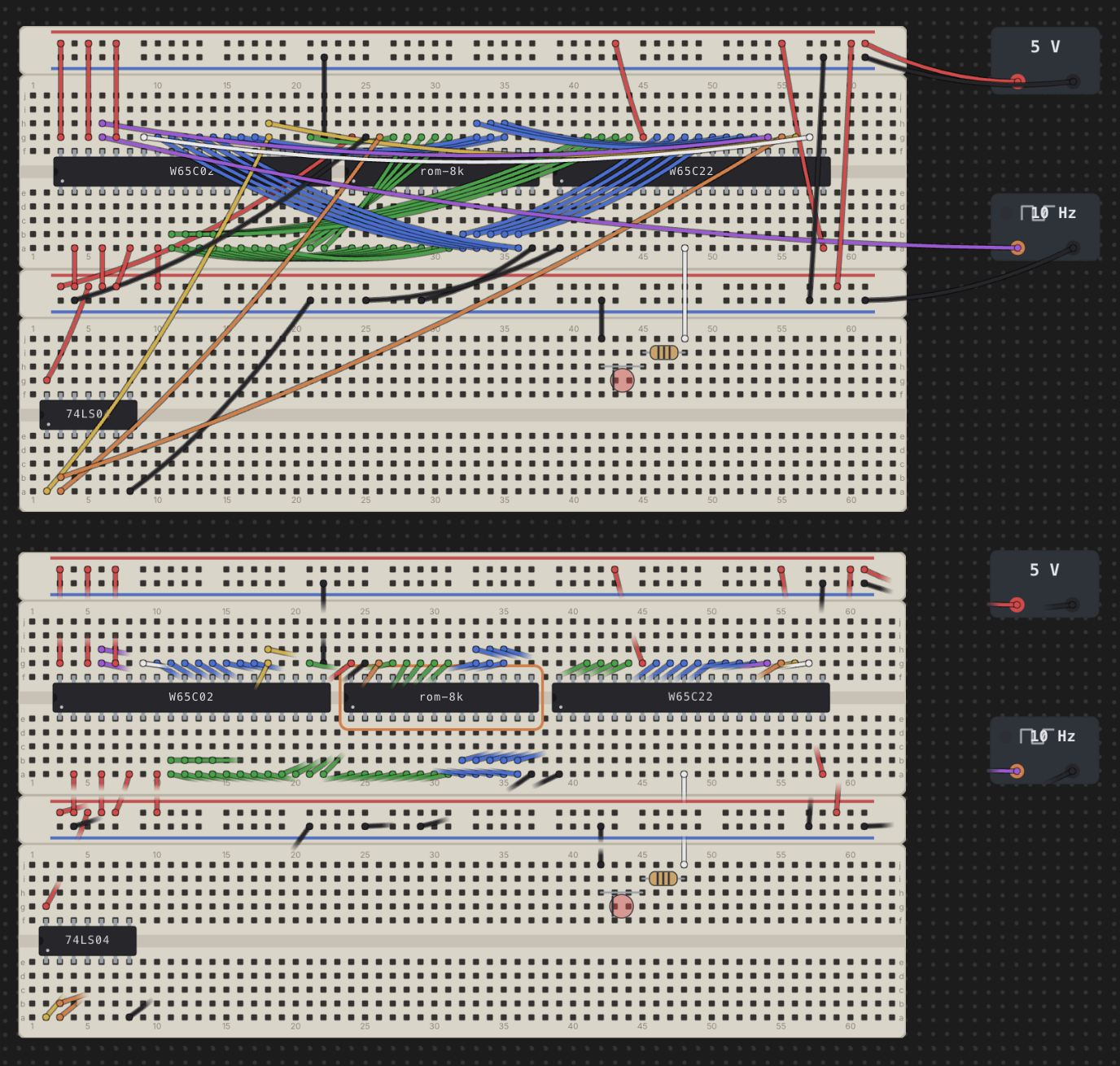 Two builds of the same Chip Hippo circuit on one desk: a W65C02 CPU, an 8K ROM, a W65C22 VIA and a 74LS04 across stacked breadboards, each with a 5 V supply and a 10 Hz clock. The lower copy has its wires faded back so the board beneath them shows through.